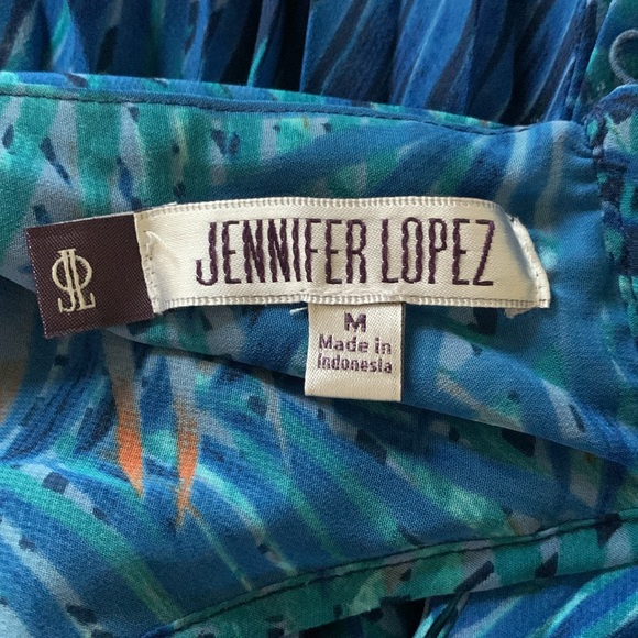Jennifer Lopez top sleeveless pleated tropical blue palms large - Picture 5 of 6